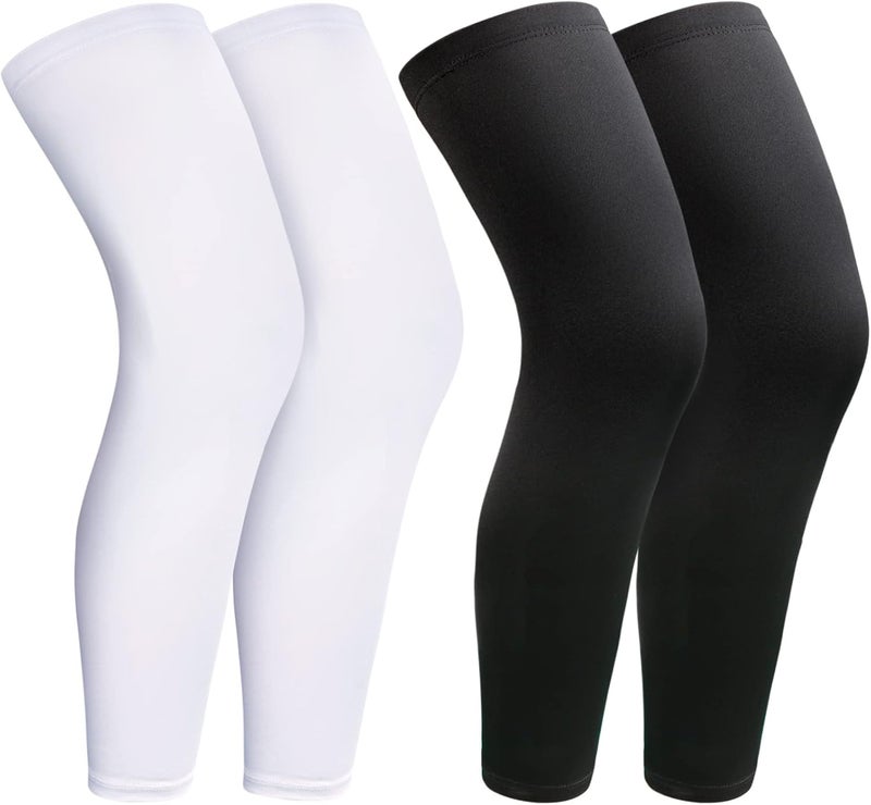 JEFHOMKIT 2Pairs Leg Sleeves,Full Leg Compression Sleeve,Compression Long Knee Sleeve,Sports Compression UV Long Leg Sleeves with Anti-slip Silicone Strips for Men Women Running Basketball Football(White&Black) - Image 1